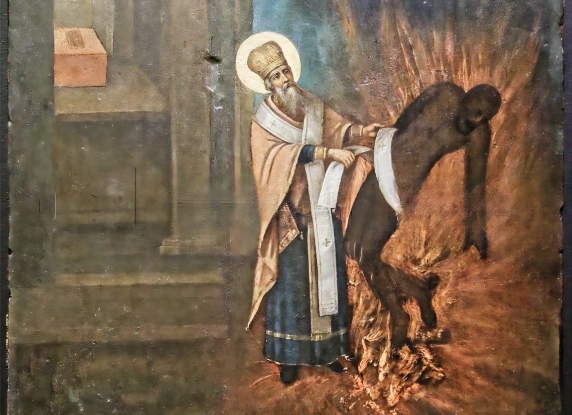 Cвятитель Лев Катанский повергает в огонь волхва Илиодора